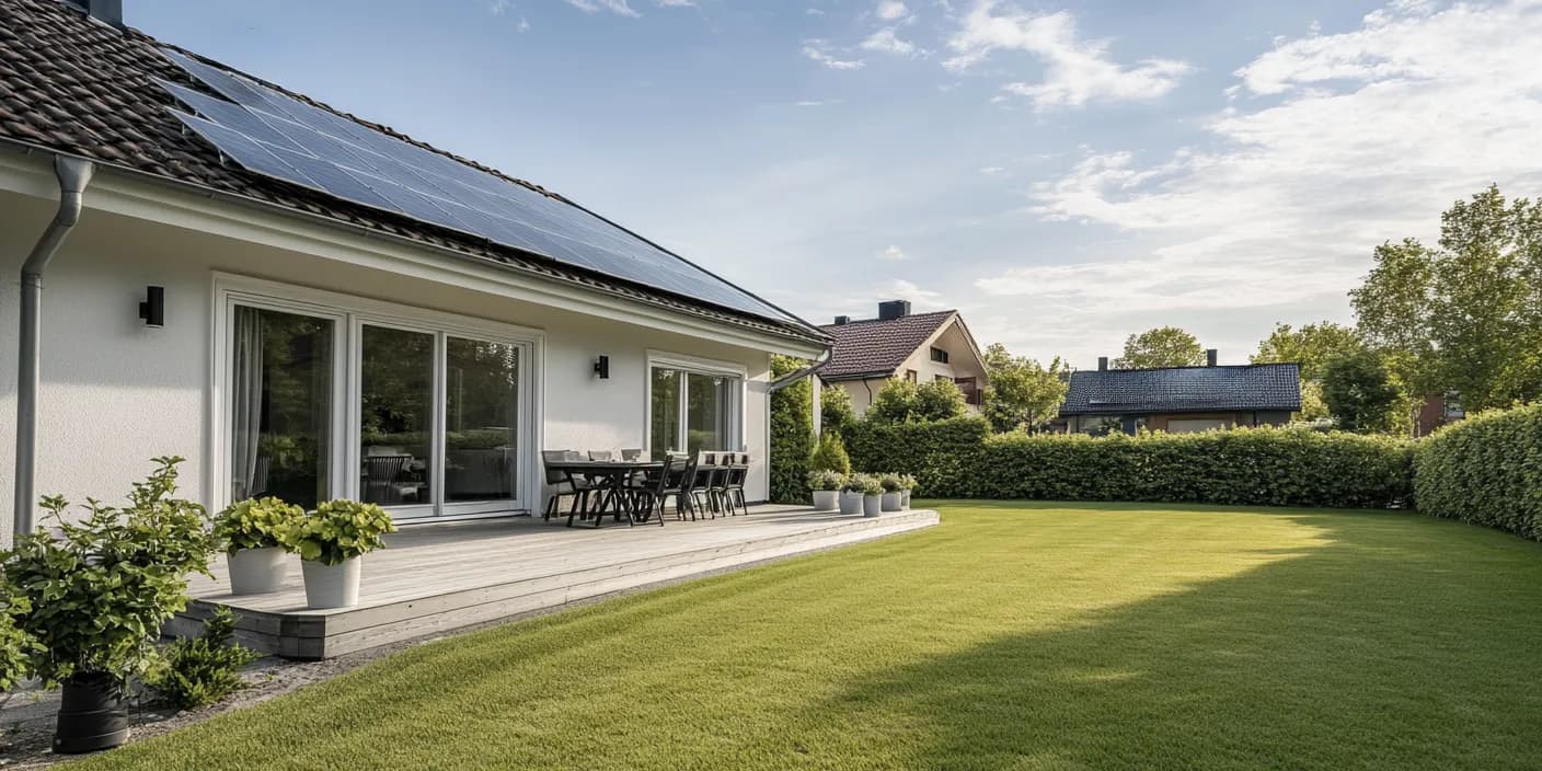 Ett modernt hus med solpaneler på taket visar potentialen i är solceller lönsamt, med ett trädäck med utemöbler och en välskött gräsmatta kantad av häckar en solig dag.