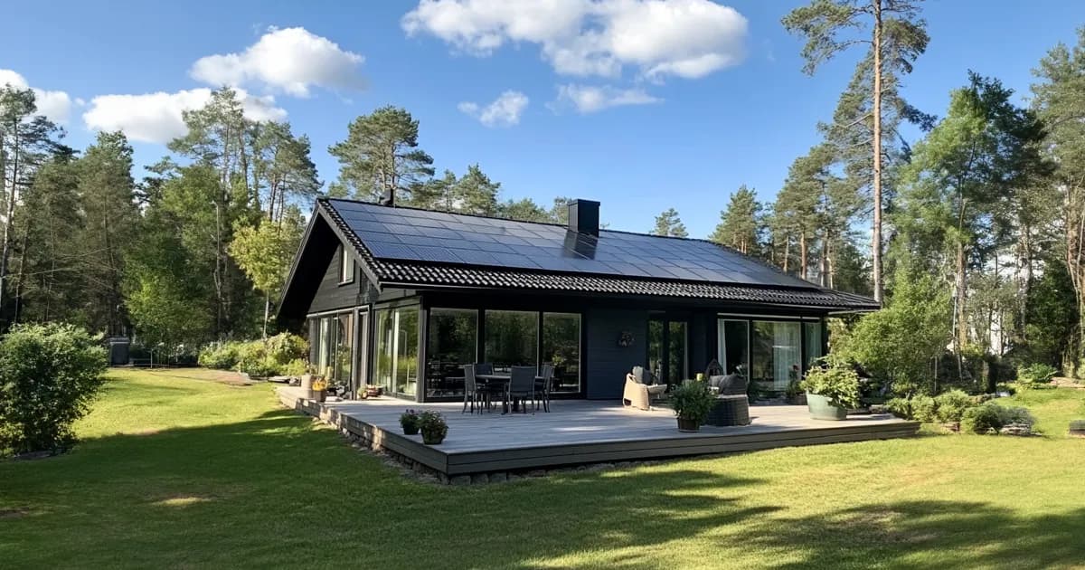 Modernt hus med solpaneler på taket