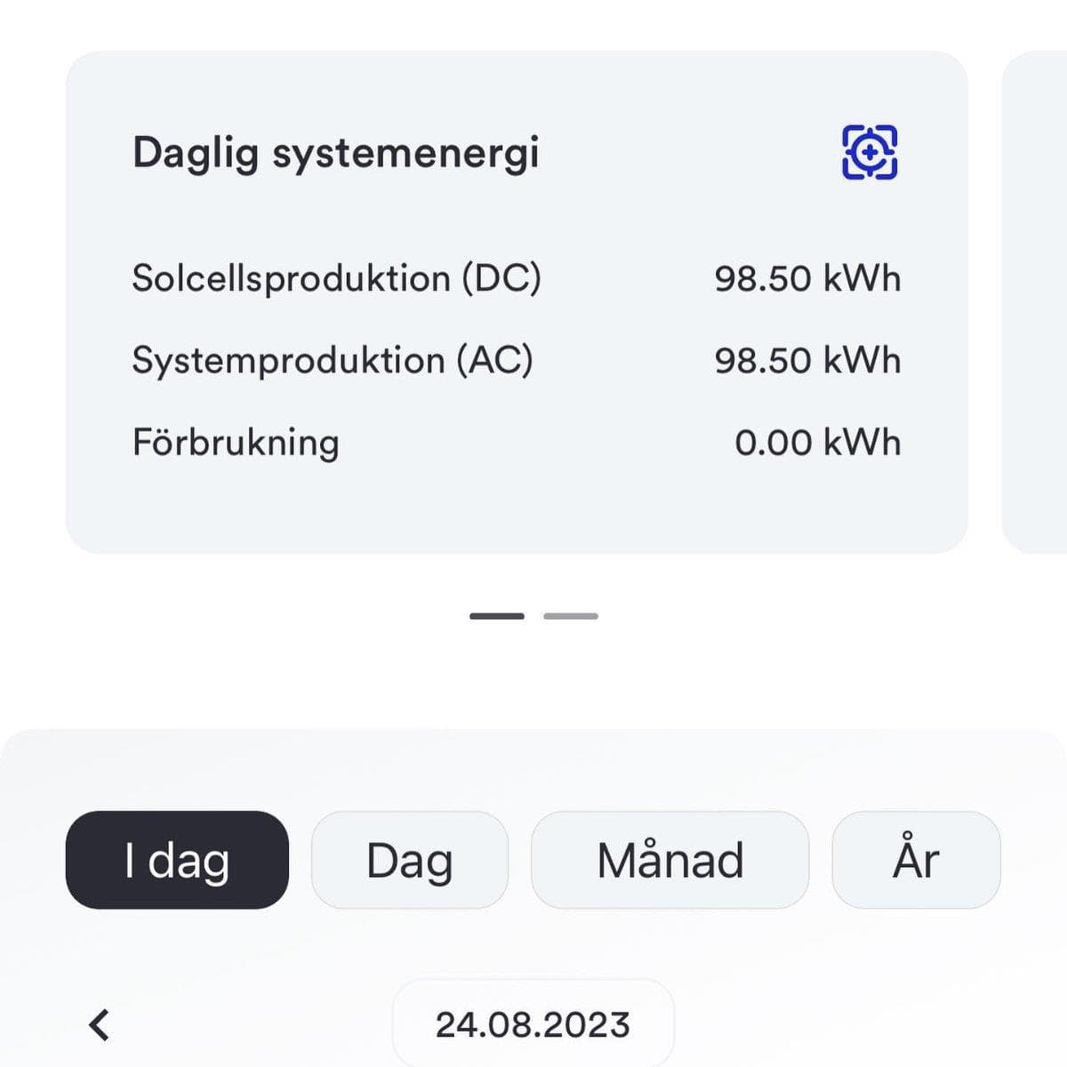 Appvy med energirapport för solcellsproduktion och förbrukning