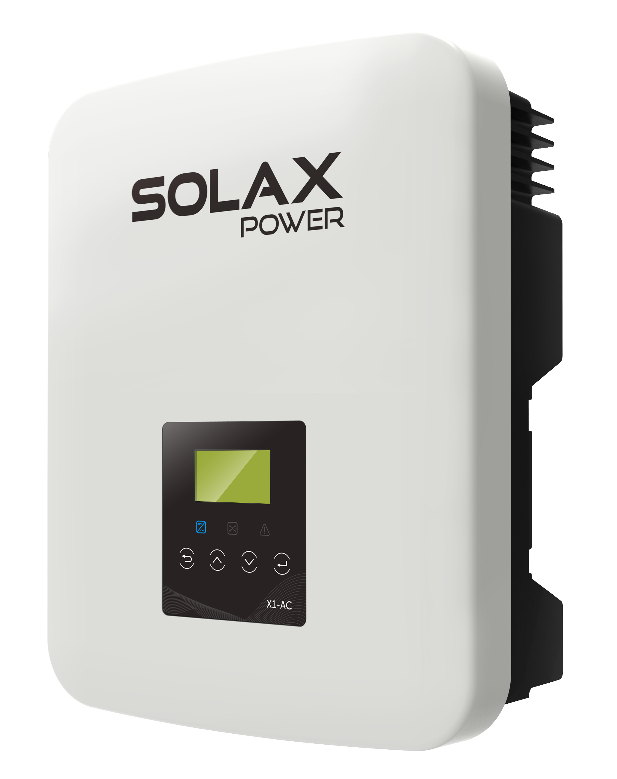 Vit solenergiomriktare med SOLAX POWER-logotyp och en digital display på framsidan.