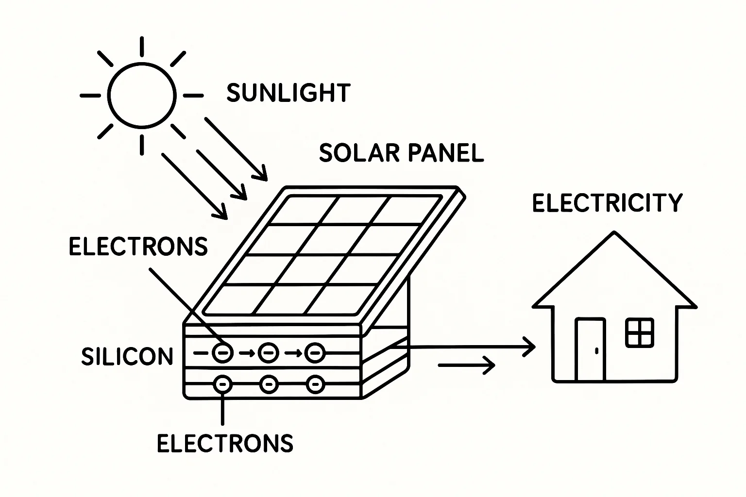 Diagram som visar solljus på en solpanel som genererar el till ett hus