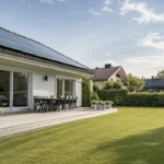 Ett modernt hus med solpaneler på taket visar potentialen i är solceller lönsamt, med ett trädäck med utemöbler och en välskött gräsmatta kantad av häckar en solig dag.
