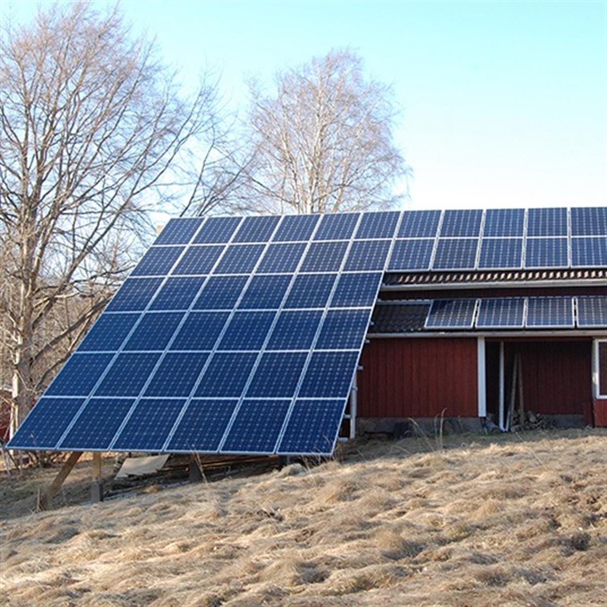 Solpaneler monterade på en röd träbyggnad med fler paneler på intilliggande tak, omgiven av lövlösa träd och torrt gräs.