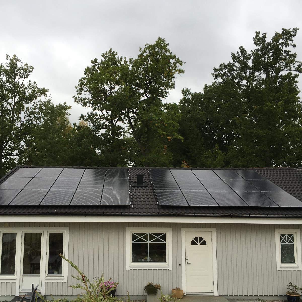 Grått hus med solpaneler på taket, omgivet av träd under en molnig himmel.