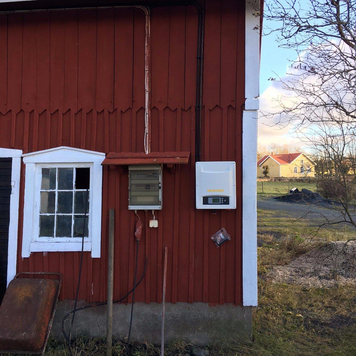 Röd träbyggnad exteriör med två eldosor monterade på väggen. Ett fönster är till vänster och ett lantligt landskap med några hus i bakgrunden.