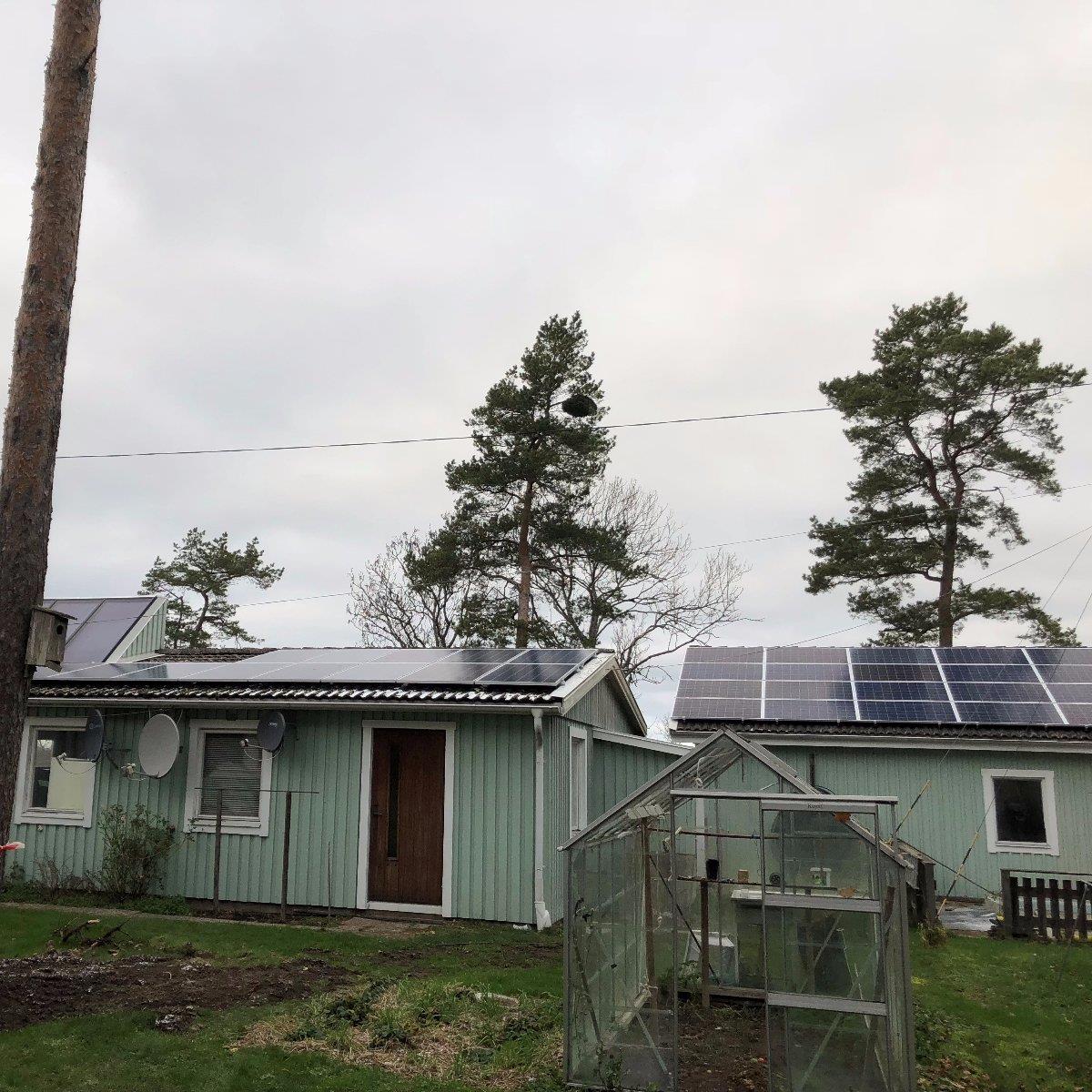 Ett grönt hus med solpaneler på taket, ett växthus på gården och höga träd i bakgrunden en molnig dag.